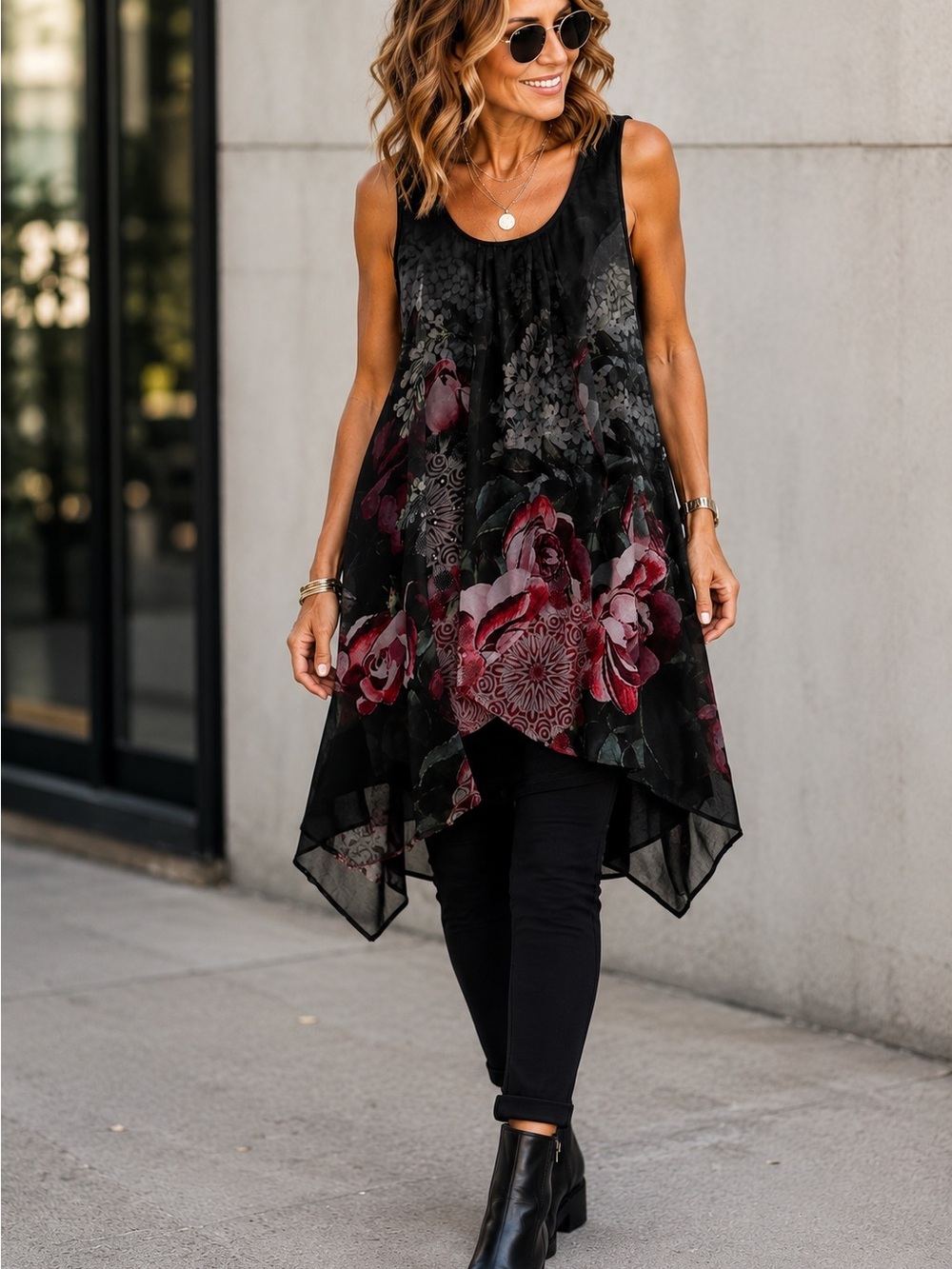 Desigual Black Floral Layered Chiffon Dress Tunic, XL